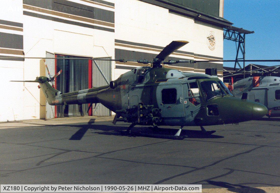 XZ180, 1978 Westland Lynx AH.1 C/N 055, Lynx AH.1 of 3 Commando Brigade Air Squadron on display in the static park at the 1990 RAF Mildenhall Air Fete.
