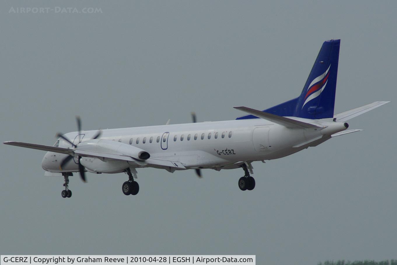 G-CERZ, 1997 Saab 2000 C/N 2000-042, Landing at Norwich.