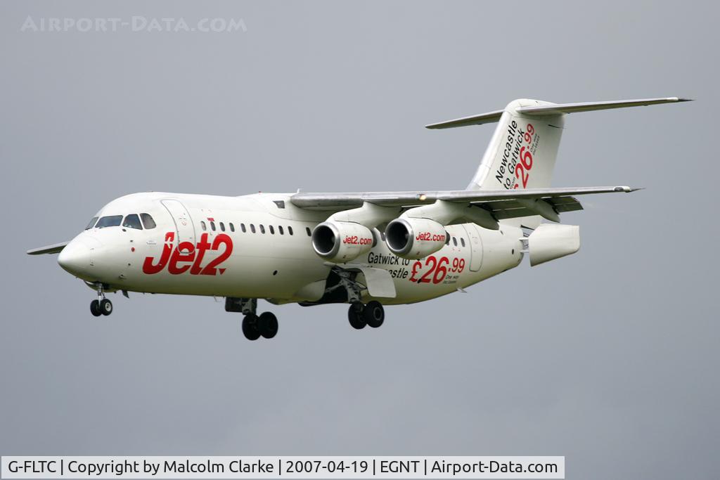 G-FLTC, 1991 British Aerospace BAe.146-300 C/N E3205, British Aerospace BAe-146-300 on approach to 25 with air brakes extended at Newcastle Airport in 2006.