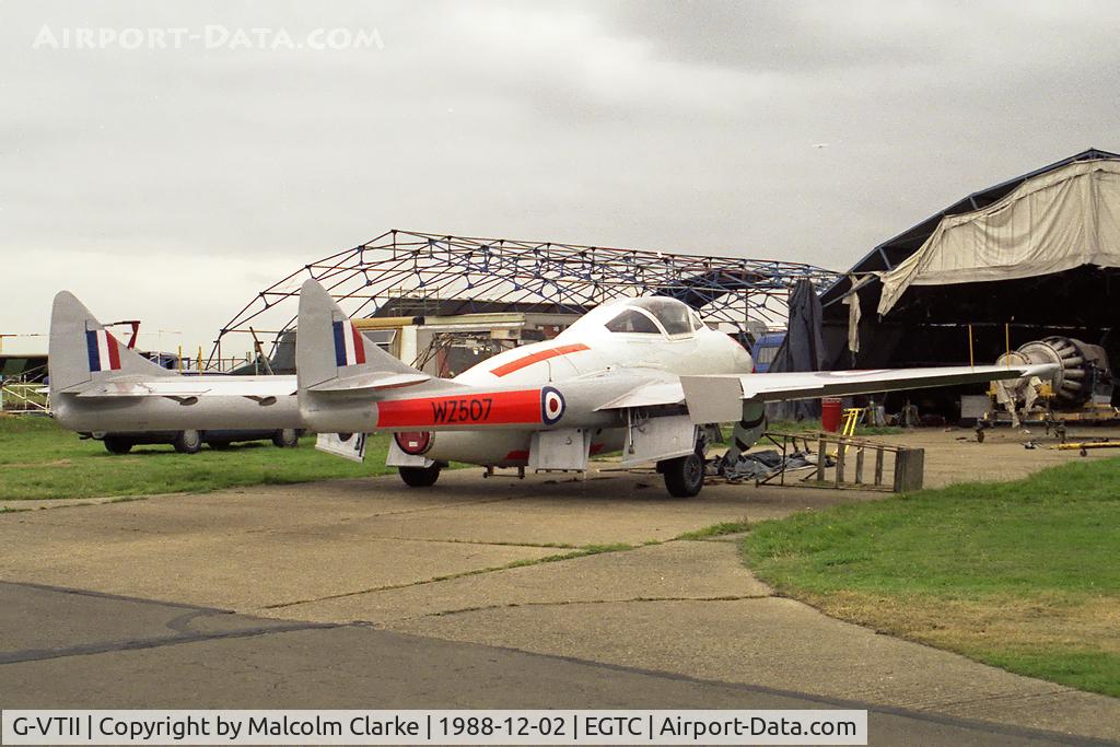 G-VTII, 1954 De Havilland DH-115 Vampire T.11 C/N 15127, De Havilland Vampire T11 (DH-115) at Cranfield Airfield, UK in 1988.