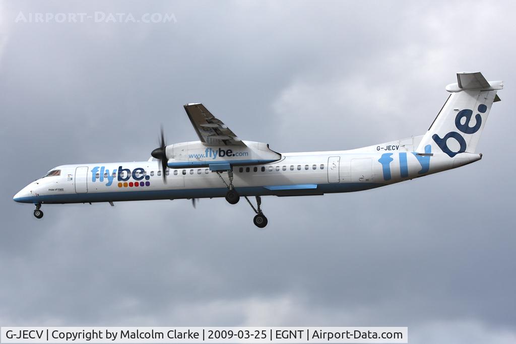 G-JECV, 2007 De Havilland Canada DHC-8-402Q Dash 8 C/N 4148, De Havilland Canada DHC-8-402Q Dash 8 on approach to 25 at Newcastle Airport in 2009.