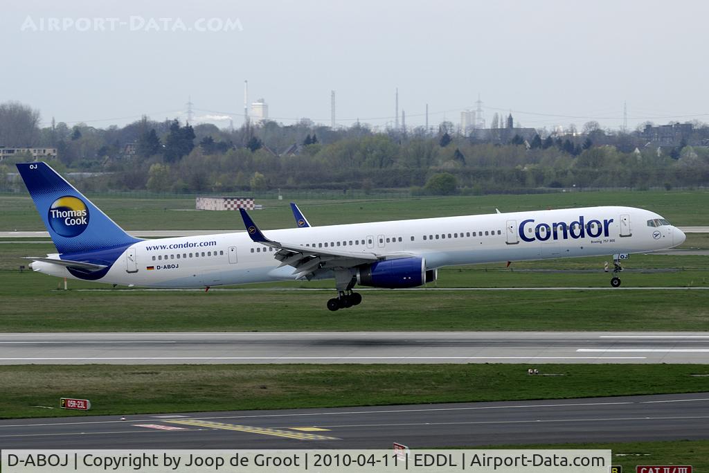 D-ABOJ, 2000 Boeing 757-330 C/N 29019, touch down on the Dusseldorf runway