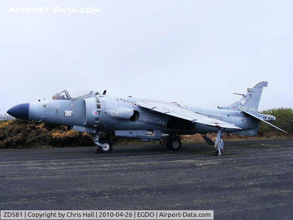 ZD581, 1985 British Aerospace Sea Harrier F/A.2 C/N 912044/B38/P31, at the Royal Naval School of Fire Fighting, Predannack Airfield, Cornwall