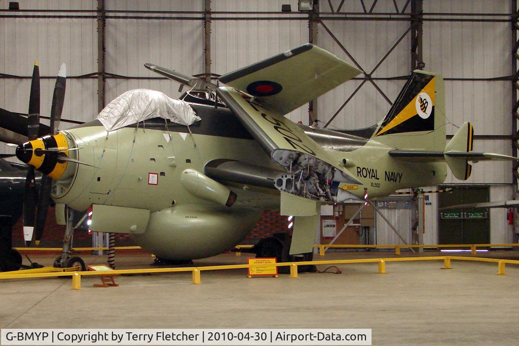 G-BMYP, 1961 Fairey Gannet AEW.3 C/N F9461, 1961 Westland Aircraft Ltd FAIREY GANNET AEW MK.3 wearing marks XL502 and is displayed at the Yorkshire Air Museum at Elvington