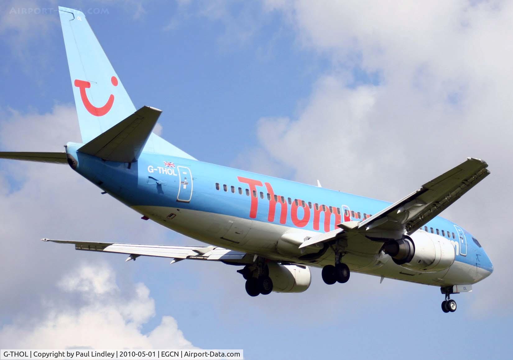 G-THOL, 1999 Boeing 737-36N C/N 28594, Short finals for Runway 0 2 at Doncaster