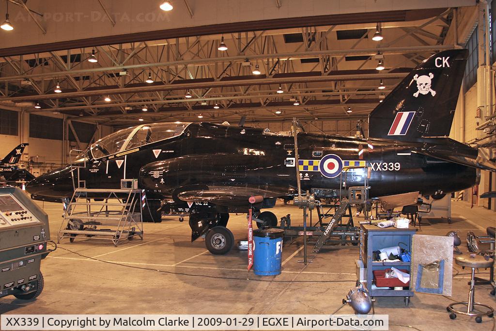XX339, 1981 Hawker Siddeley Hawk T.1A C/N 188/312163, British Aerospace Hawk T1W in the 100 Sqn hangar at RAF Leeming in 2004.