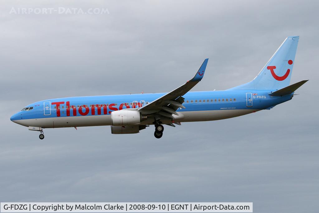G-FDZG, 2008 Boeing 737-8K5 C/N 35139, Boeing 737-8K5 on approach to Rwy 25 at Newcastle Airport in 2008.
