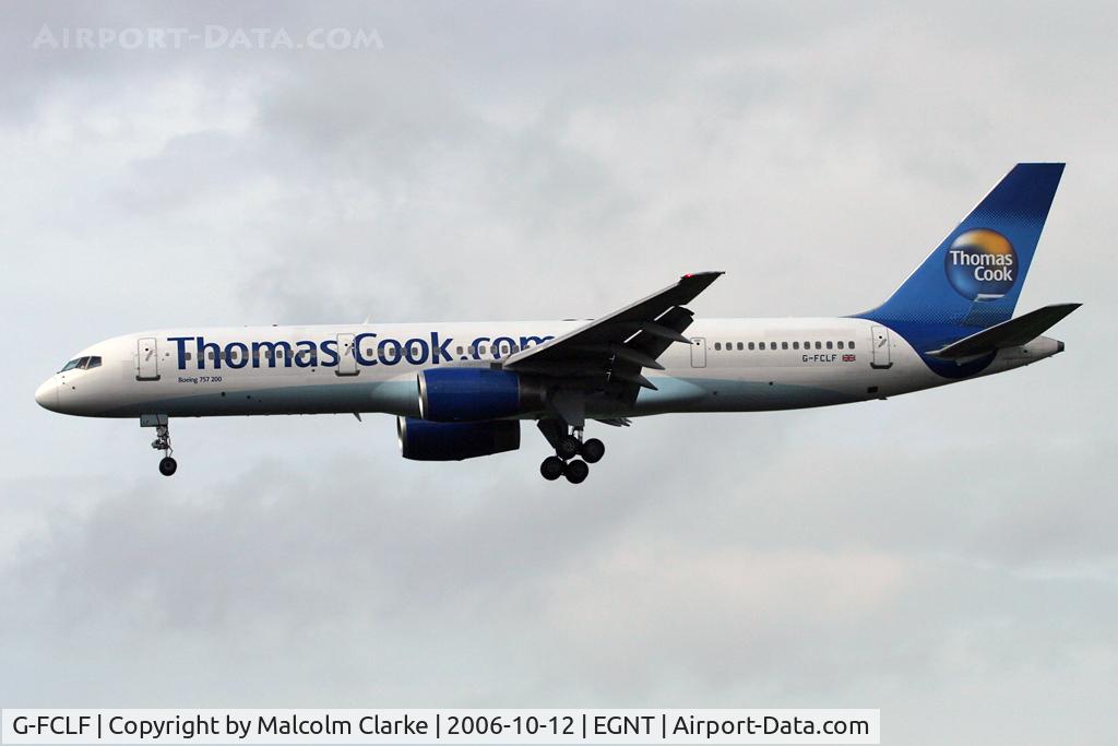 G-FCLF, 1999 Boeing 757-28A C/N 28835, Boeing 757-28A on approach to Rwy 25 at Newcastle Airport in 2006.
