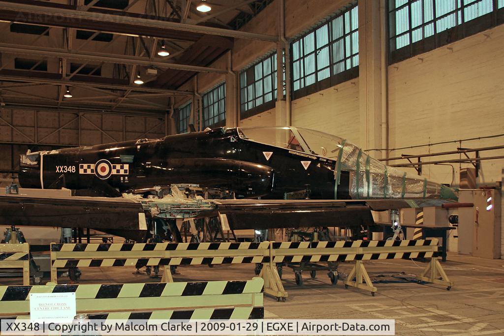 XX348, 1981 Hawker Siddeley Hawk T.1A C/N 197/312172, British Aerospace Hawk T1A in the 100 Sqn hangar at RAF Leeming in 2009.