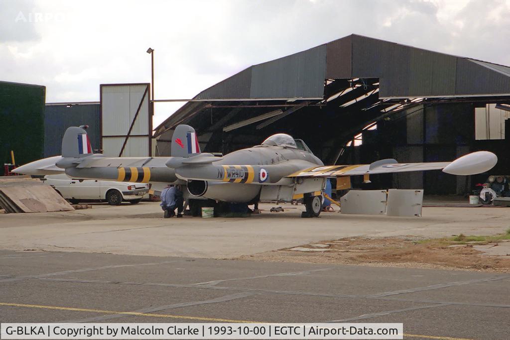 G-BLKA, 1957 De Havilland (F+W Emmen) DH-112 Venom FB.54 C/N 431, De Havilland Venom FB54 at Cranfield Airfield, UK in 1993.