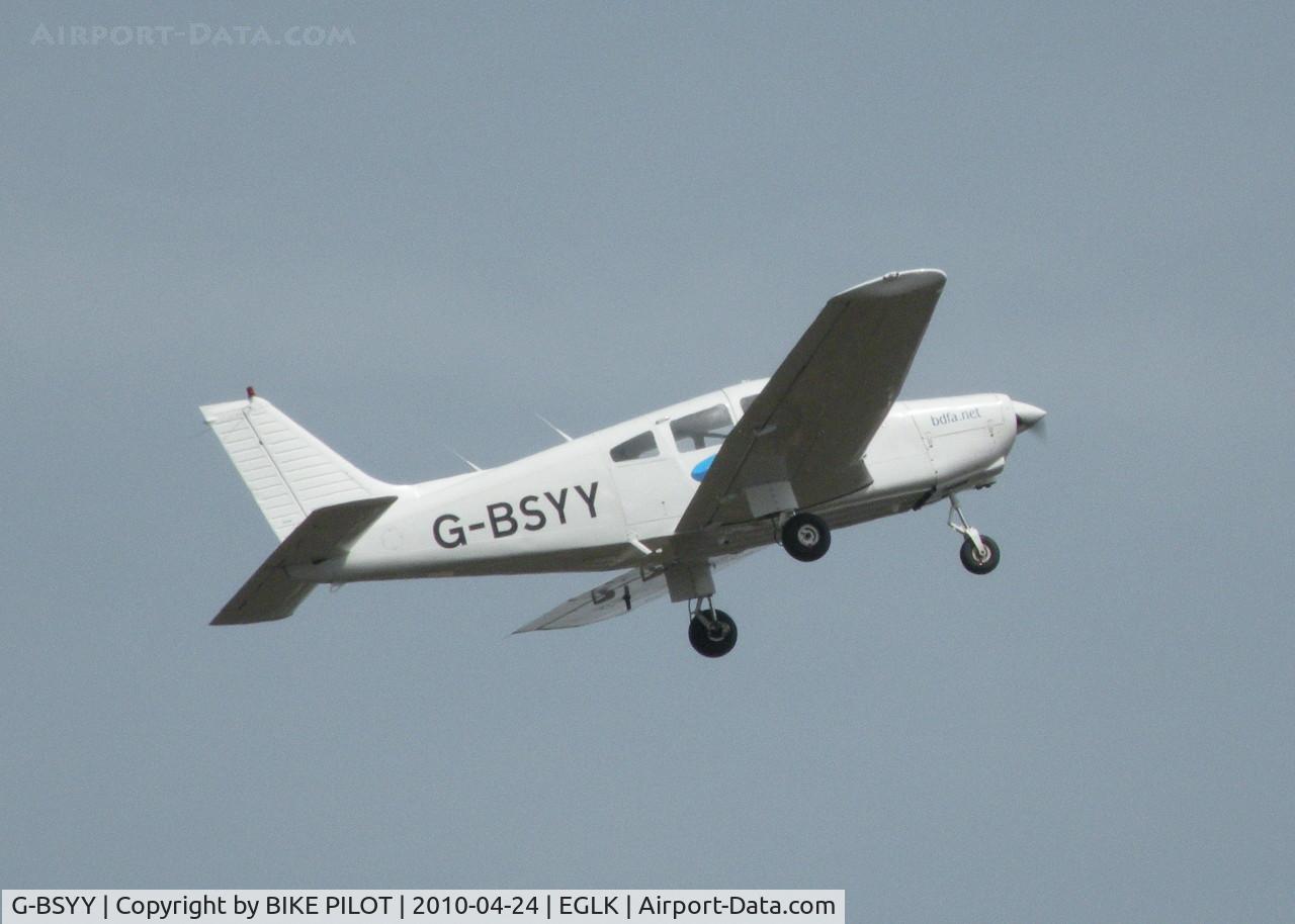 G-BSYY, 1986 Piper PA-28-161 Cherokee Warrior II C/N 2816009, YANKEE YANKEE ON CLIMBOUT FROM RWY 07