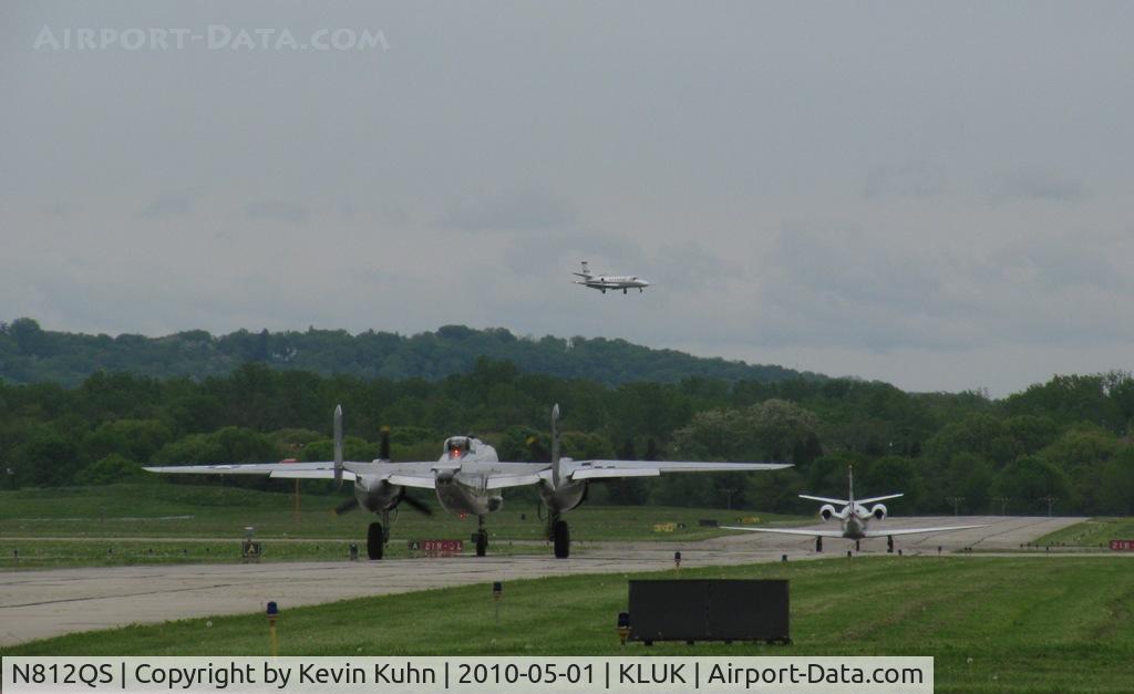 N812QS, 2002 Cessna 560 Citation Encore C/N 560-0628, A lot going on! EJA812 arriving from KCHS, while C56X N681QS taxies out for an engine run, with B-25D N3774 following behind, getting ready to take some lucky pax up for a flight