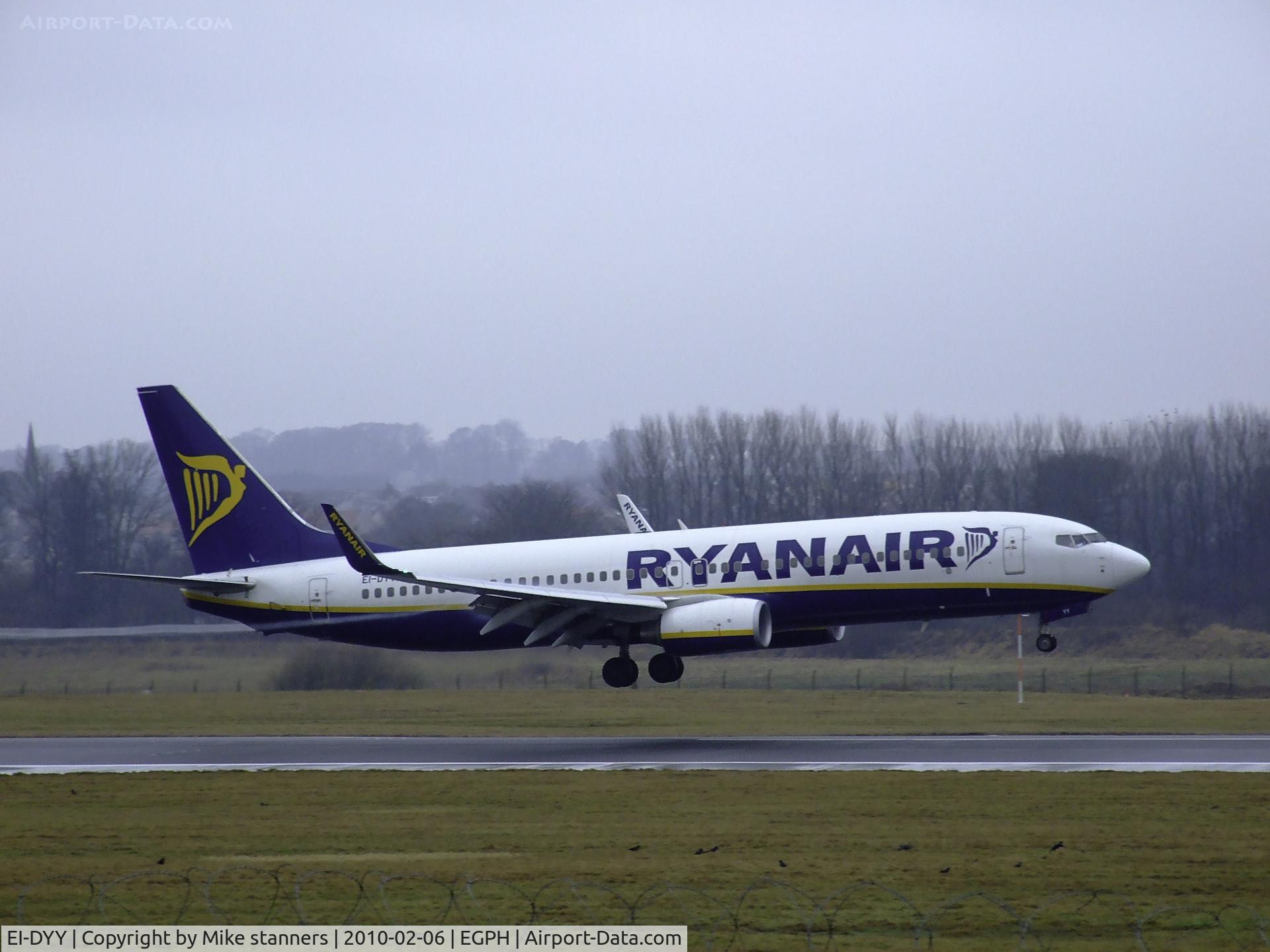 EI-DYY, 2008 Boeing 737-8AS C/N 37521, Ryanair Boeing 737-8AS Landing on runway 06 at a misrable Edinburgh airport