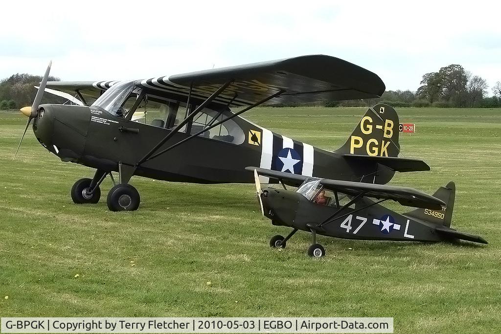 G-BPGK, 1956 Aeronca 7AC Champion C/N 7AC-7187, Little and large !! - Aeronca 7AC and Flying model of Stinson Sentinel parked next to each other at