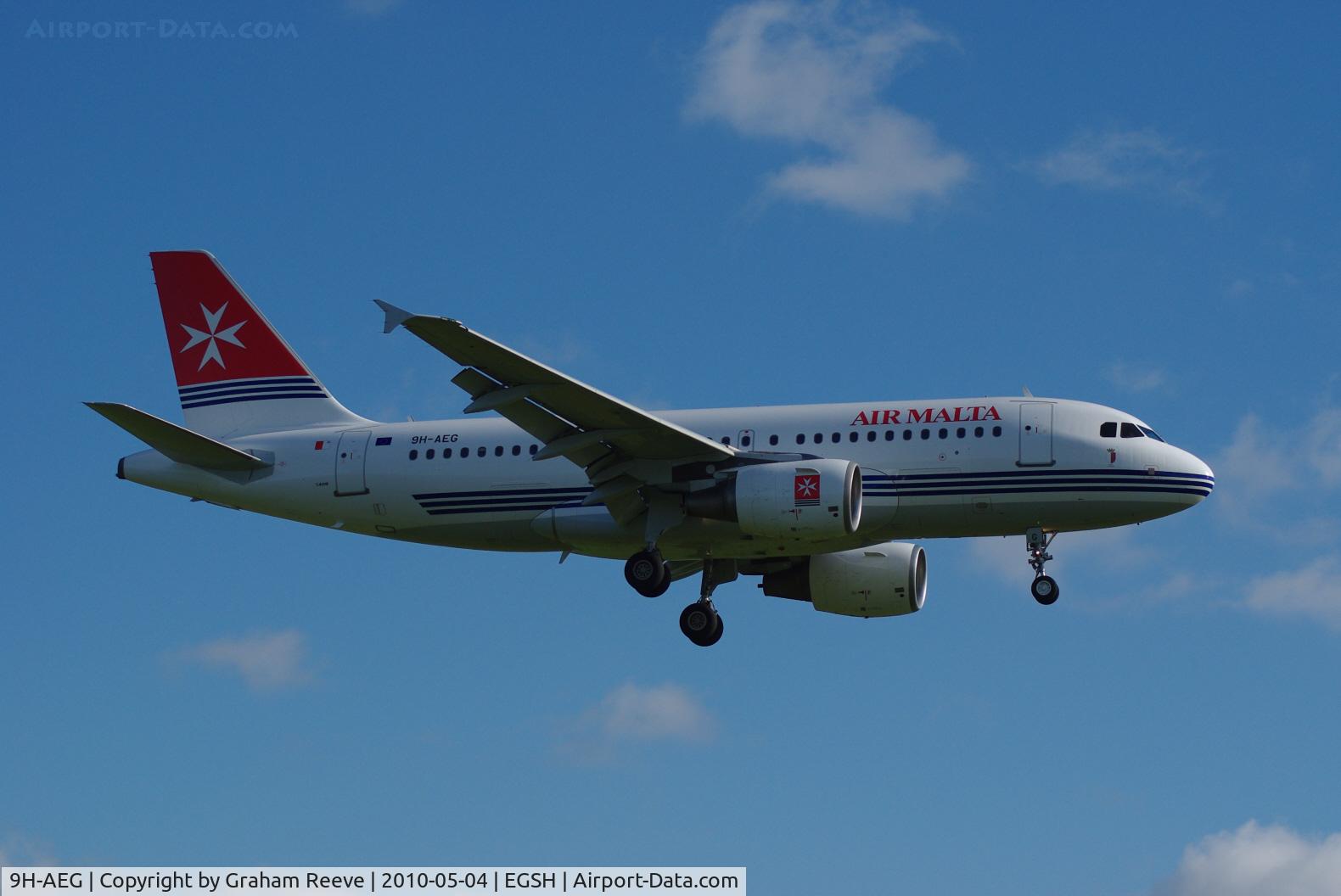 9H-AEG, 2003 Airbus A319-112 C/N 2113, Landing at Norwich.