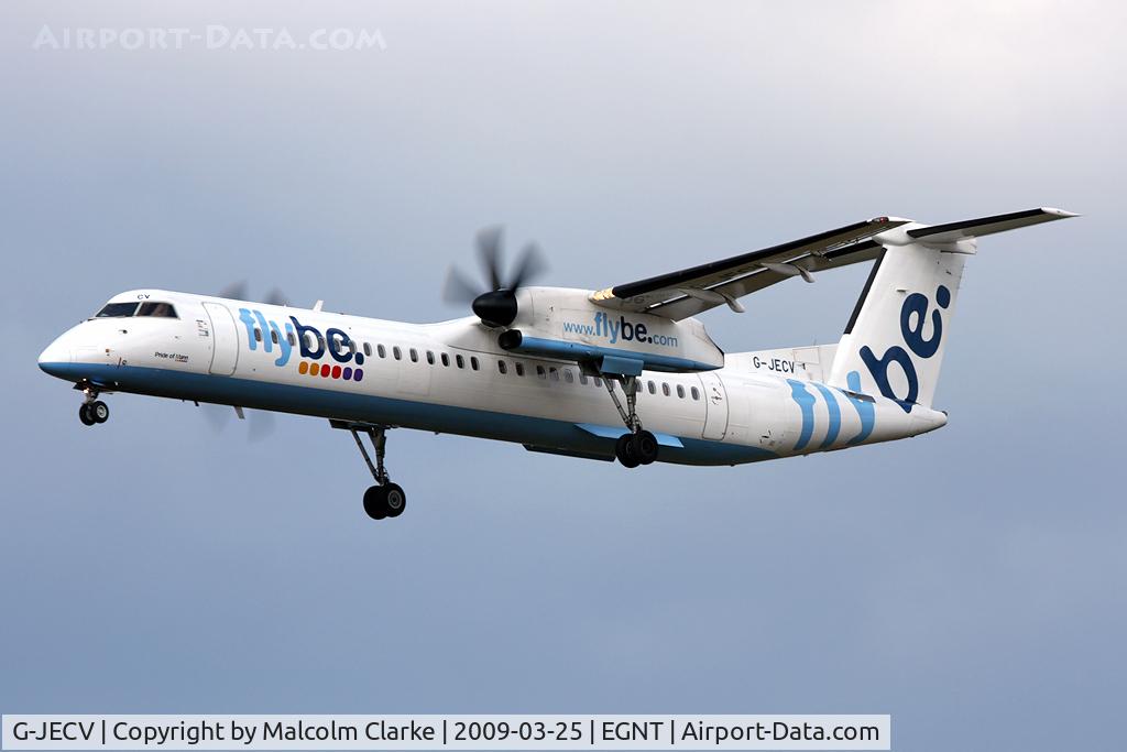 G-JECV, 2007 De Havilland Canada DHC-8-402Q Dash 8 C/N 4148, De Havilland Canada DHC-8-402Q Dash 8 on approach to 25 at Newcastle Airport in 2009.