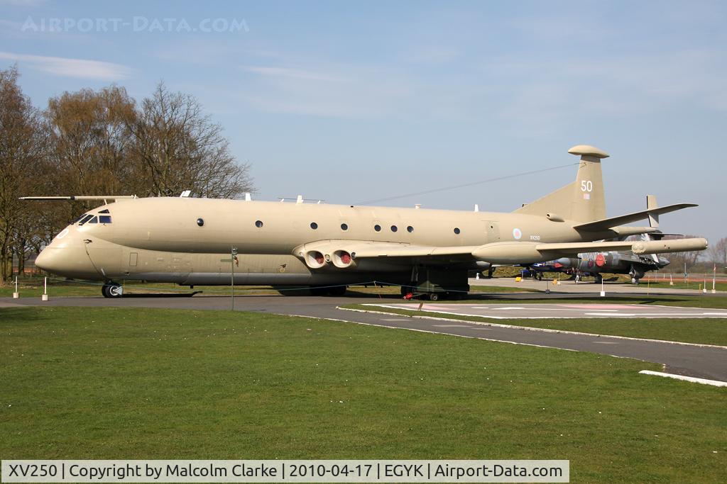 XV250, Hawker Siddeley Nimrod MR.2 C/N 8025, Hawker Siddeley Nimrod MR2. The latest arrival at the Yorkshire Air Museum in 2010; to be maintained in full ground operational capacity as a 'live' aircraft.