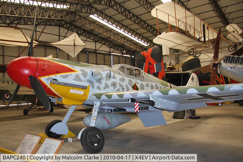 BAPC240, Messerschmitt Bf-109G-6/R-6 Replica C/N BAPC.240, Messerschmitt Bf-109G-6/R-6 (replica) at The Yorkshire Air Museum, Elvington, UK in 2010. Now repainted to represent the aircraft flown by Luftwaffe pilot Major Hermann Graf of JG.50 in 1943.