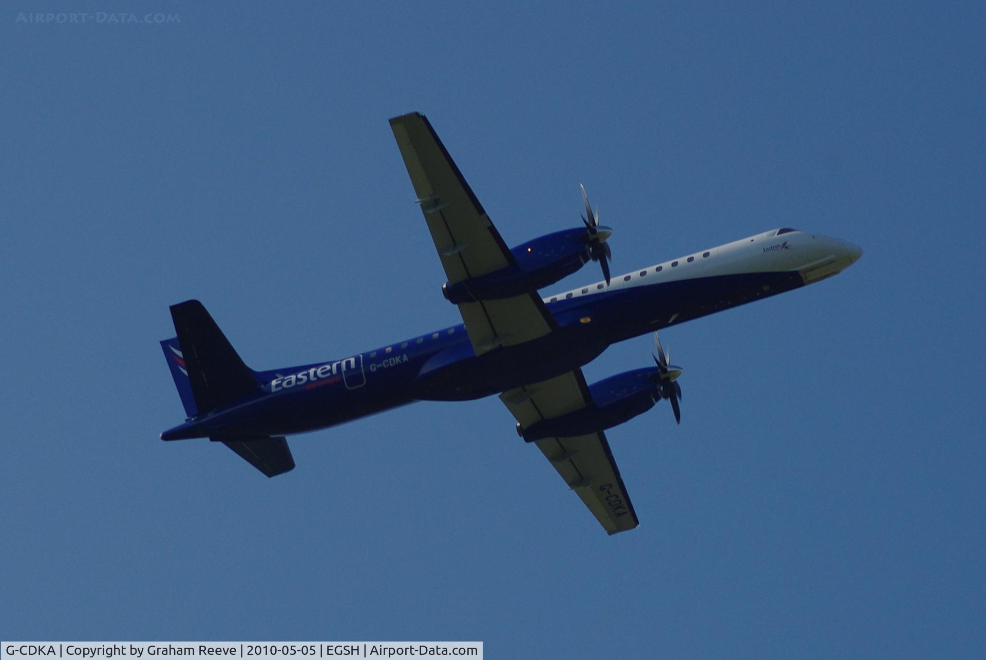G-CDKA, 1993 Saab 2000 C/N 2000-006, Departing Norwich.