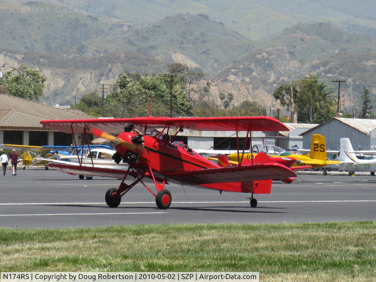 N174RS, 1936 Fleet 7B C/N 62, 1937 Fleet 7B, Kinner 5B 125 hp 5 cylinder radial engine, wonderful engine sound, Experimental class, frequent SZP visitor, landing roll Rwy 22