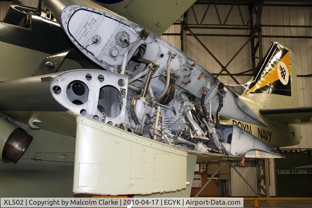 XL502, 1961 Fairey Gannet AEW.3 C/N F9461, Fairey Gannet AEW3 at The Yorkshire Air Museum, Elvington, UK in 2010. Showing the complex wing folding mechanism.