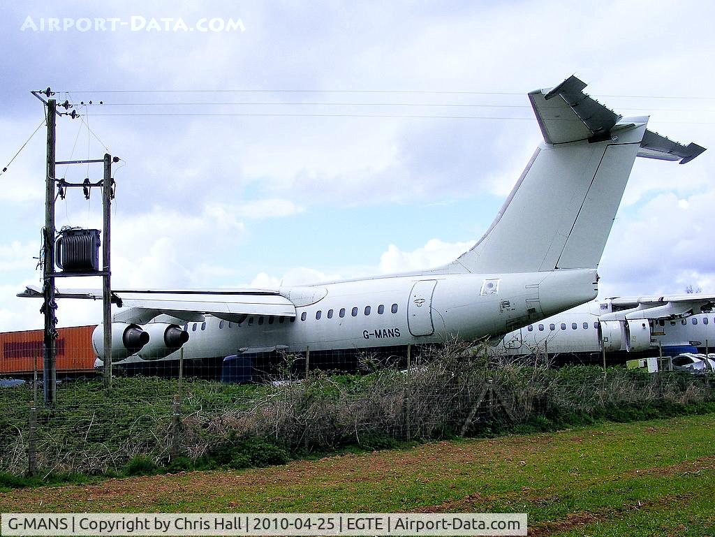 G-MANS, 1987 British Aerospace BAe.146-200 C/N E2088, in storage at Exeter Airport
