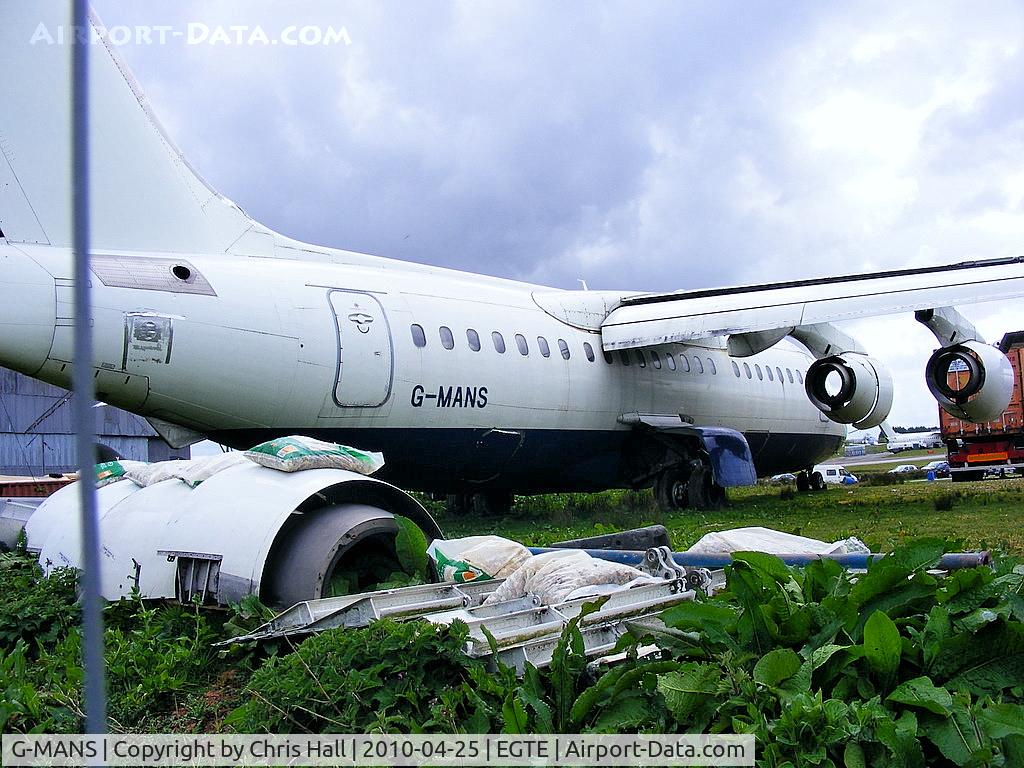 G-MANS, 1987 British Aerospace BAe.146-200 C/N E2088, in storage at Exeter Airport