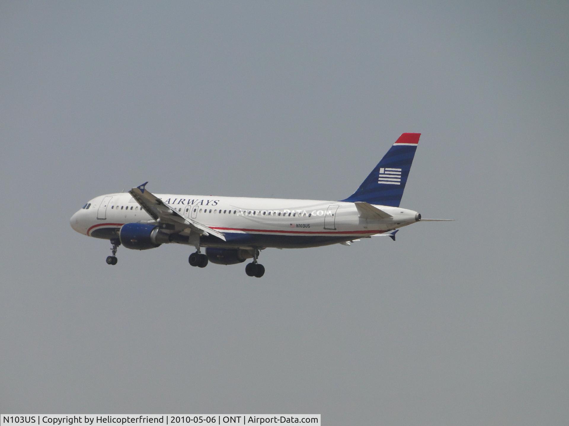 N103US, 1999 Airbus A320-214 C/N 0861, On final to runway 26R at Ontario