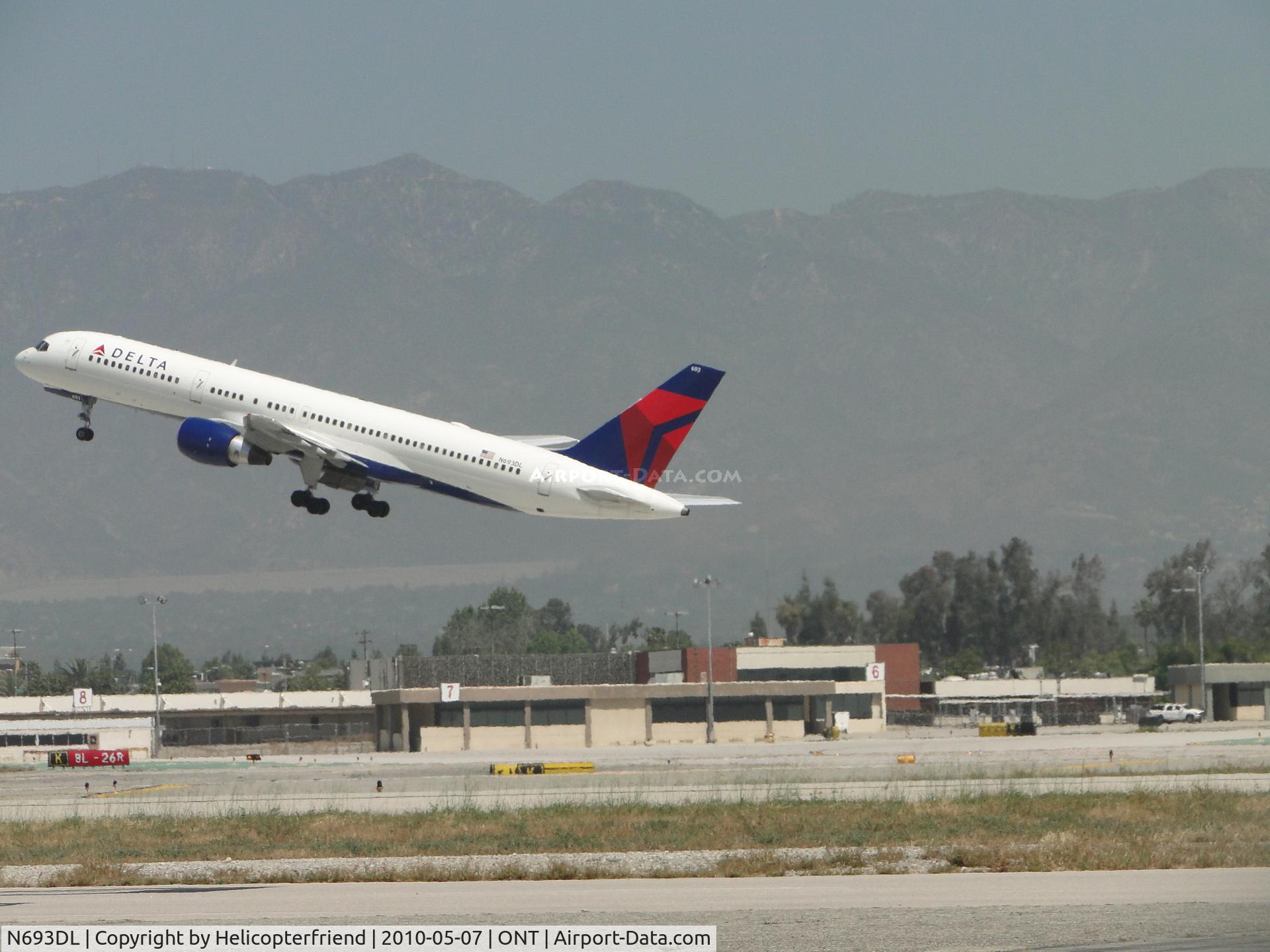 N693DL, 1998 Boeing 757-232 C/N 29725, Departing Ontario via runway 26R