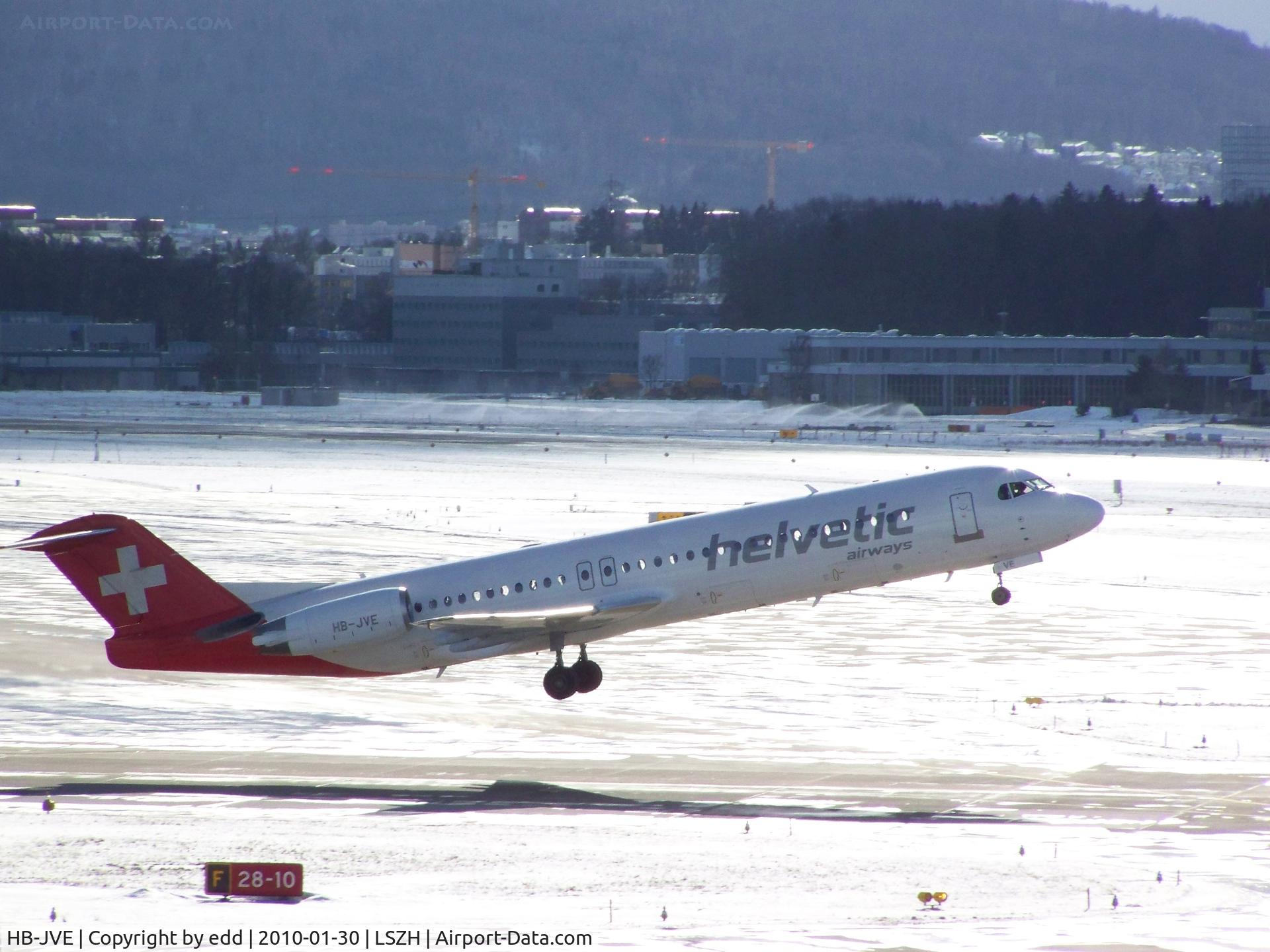 HB-JVE, 1993 Fokker 100 (F-28-0100) C/N 11459, LEAVING LSZH ON RUNWAY 28
