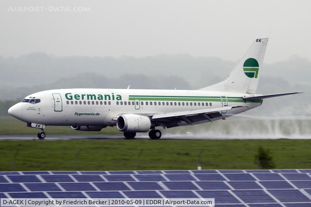 D-AGEK, 1991 Boeing 737-3M8 C/N 25015, touchdown on a wet RW27