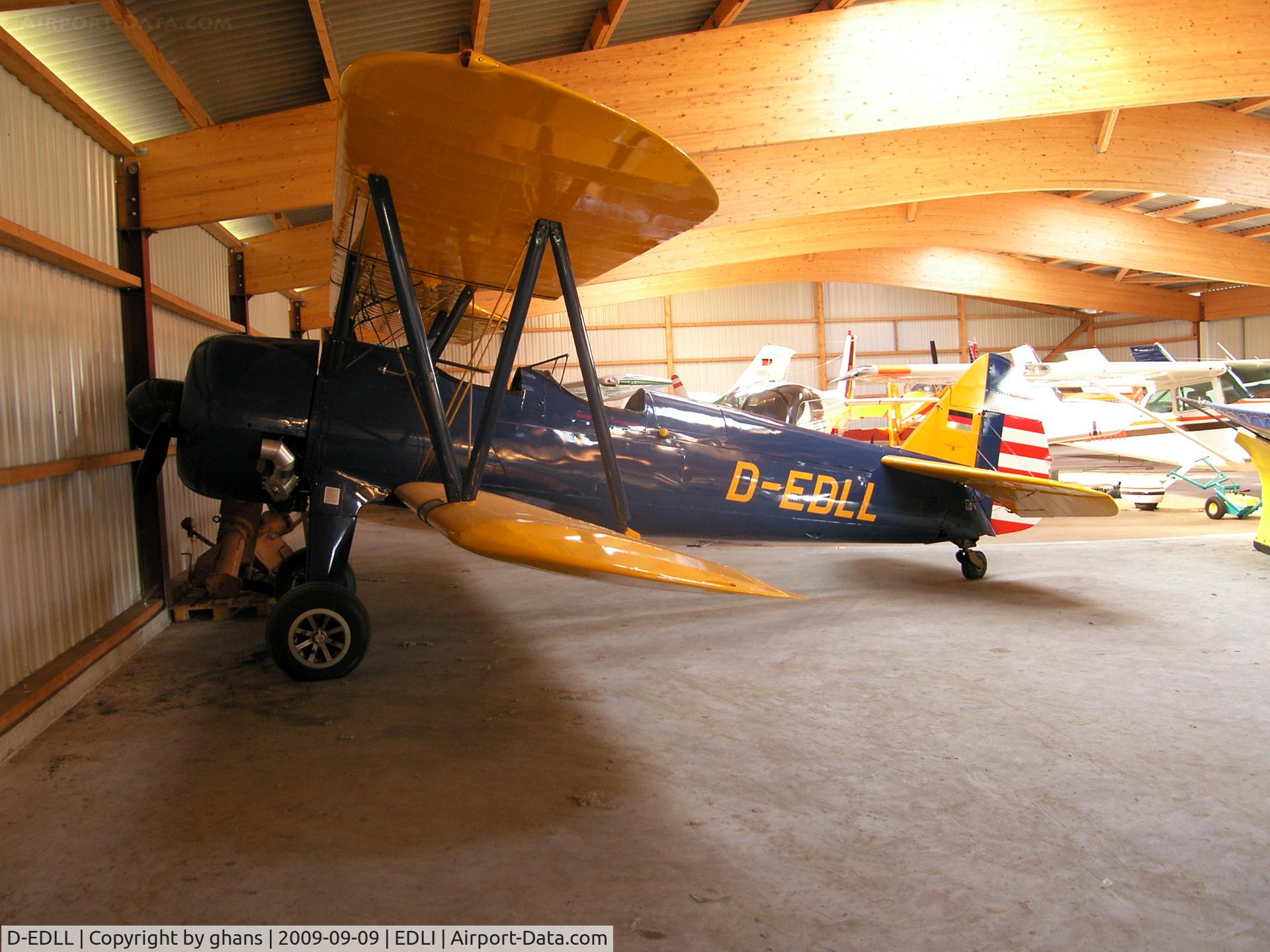 D-EDLL, 1941 Boeing PT-17 Kaydet (A75N1) C/N 75-2764, In a hangar at Bielefeld