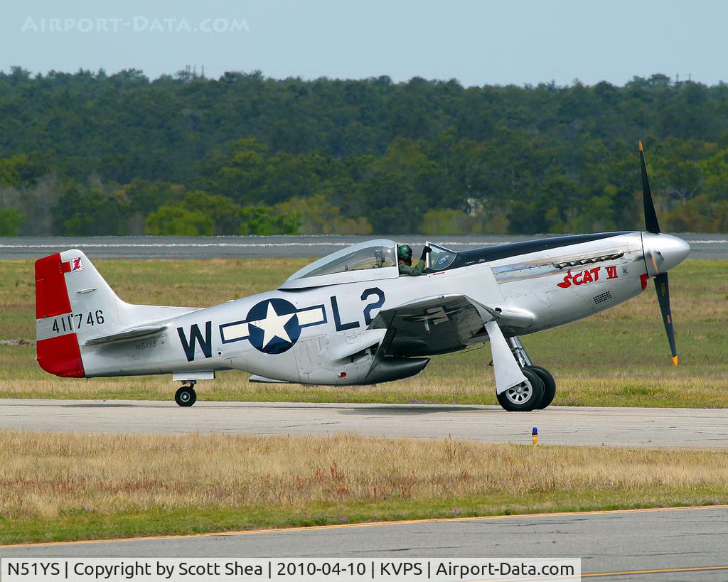 N51YS, 1945 North American P-51D Mustang C/N 122-39285, Taxiing in after a flight display at Eglin AFB 75th anniversary airshow