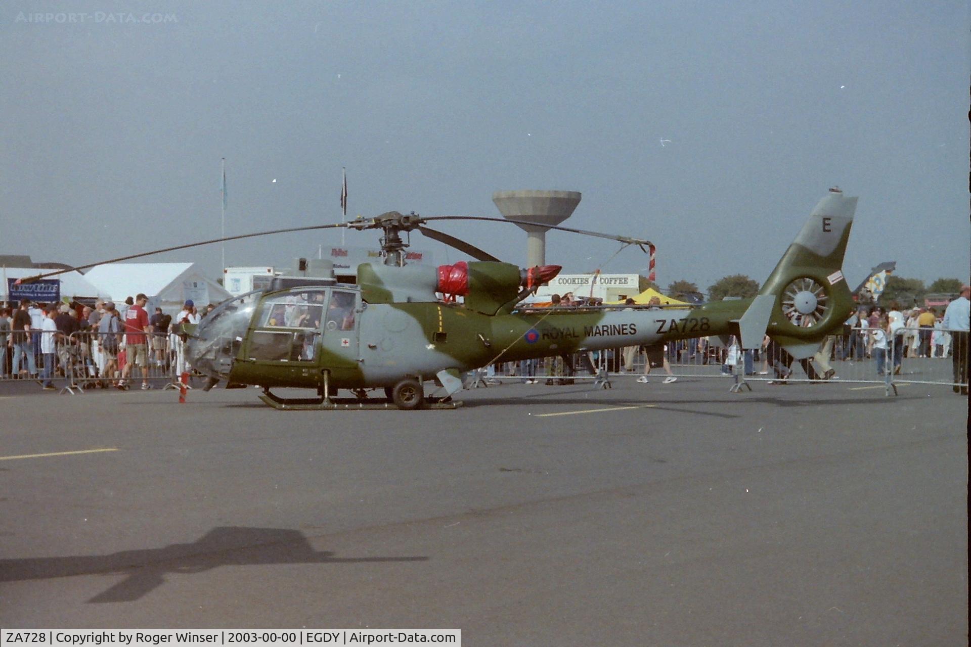 ZA728, 1980 Westland SA-341B Gazelle AH1 C/N WA1797, Royal Marines Gazelle coded E of 847 NAS at a RNAS Yeovilton Naval Air Day in the early 2000's. 