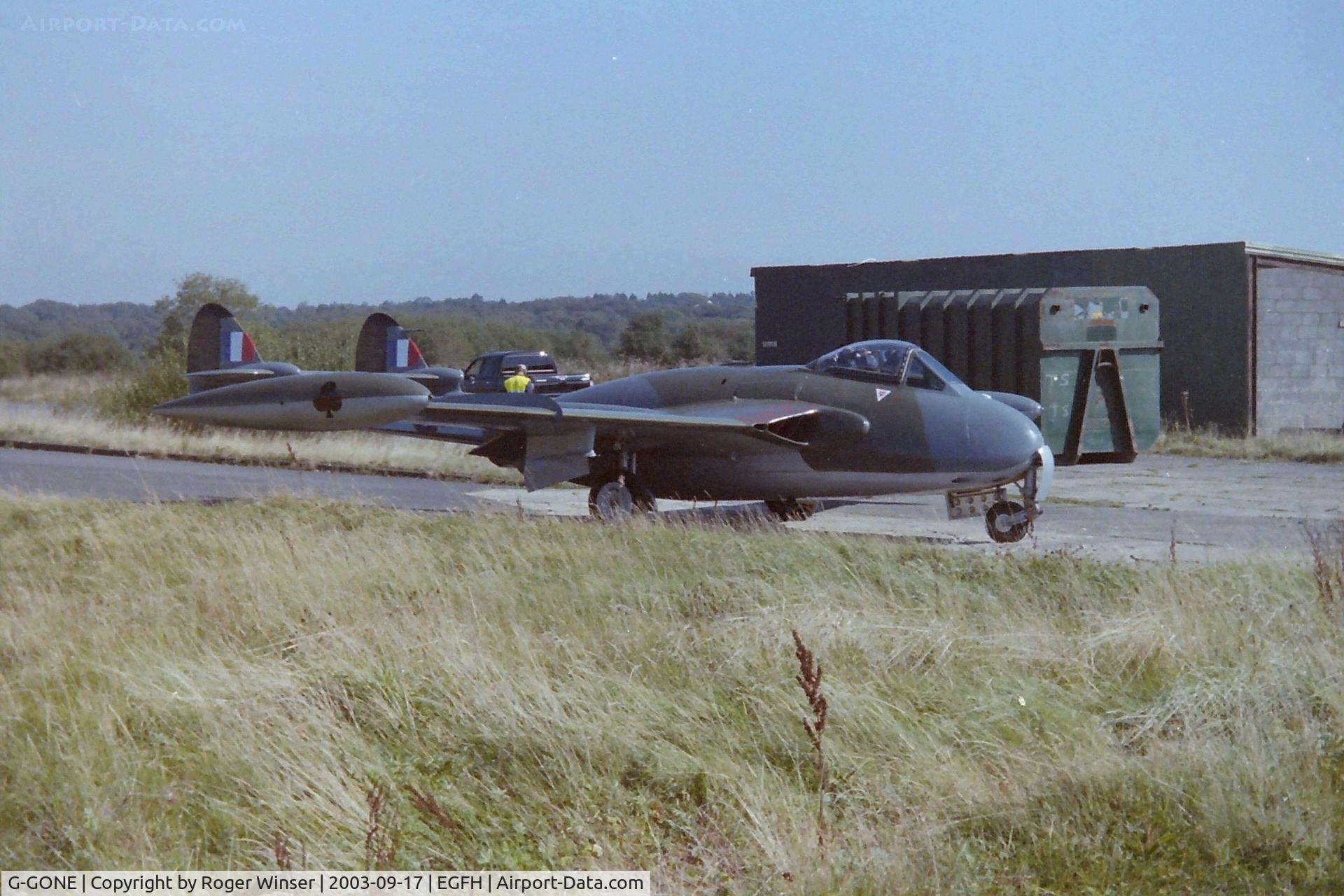 G-GONE, 1954 De Havilland (F+W Emmen) DH-112 Venom FB.50 C/N 752, Gower Jets's Venom. Ex-Swiss Air Force J-1542 marked as WR470 of 208 Squadron RAF. Taxying for final flight from Swansea Airport.