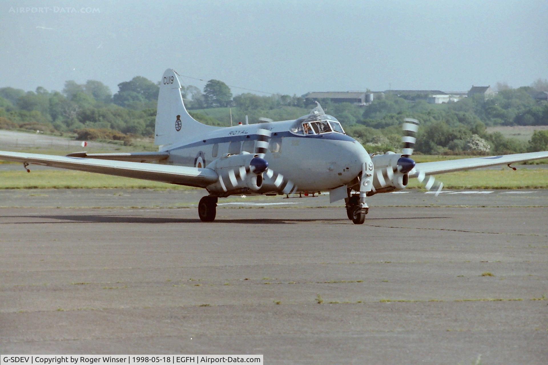 G-SDEV, 1956 De Havilland DH-104 Dove 6 C/N 04472, Taxying for final flight from Swansea Airport. Previously served as DH Sea Devon C.20 XK895 with 771 NAS coded (8)19/CU and based at RNAS Culdrose.