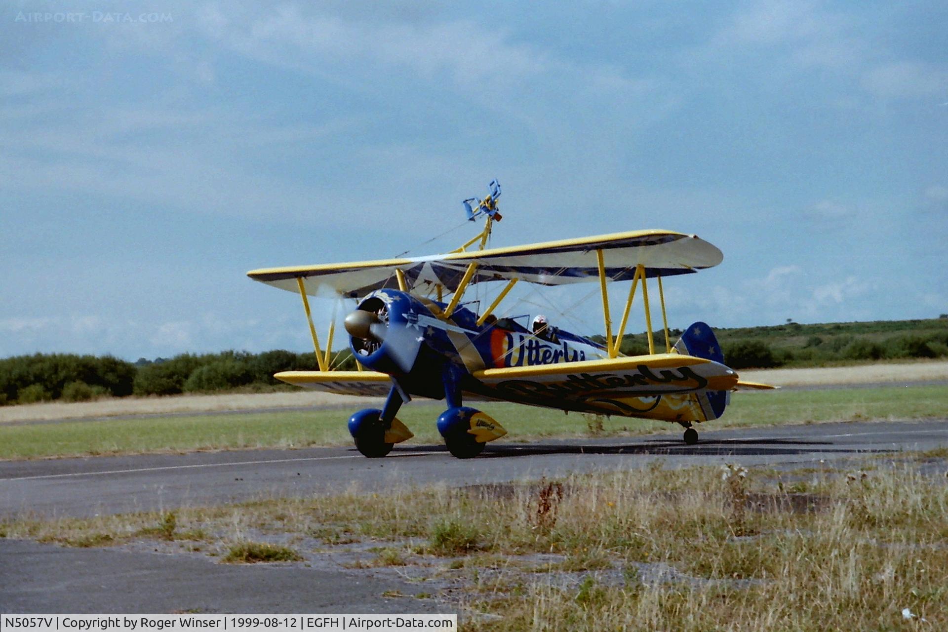 N5057V, 1942 Boeing A75N1(PT17) C/N 75-5598, Utterly Butterly Wing Walker. Brief visit to Swansea Airport