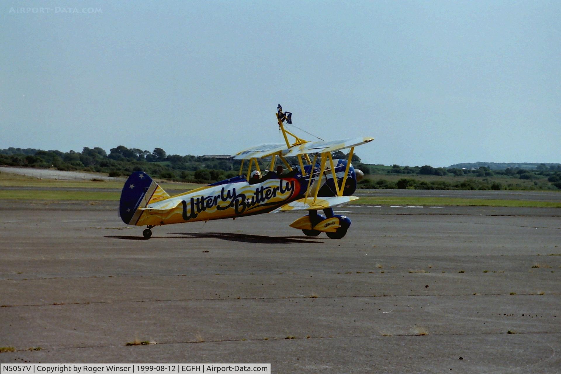N5057V, 1942 Boeing A75N1(PT17) C/N 75-5598, Utterly Butterly Wing Walker. Brief stop over at Swansea Airport