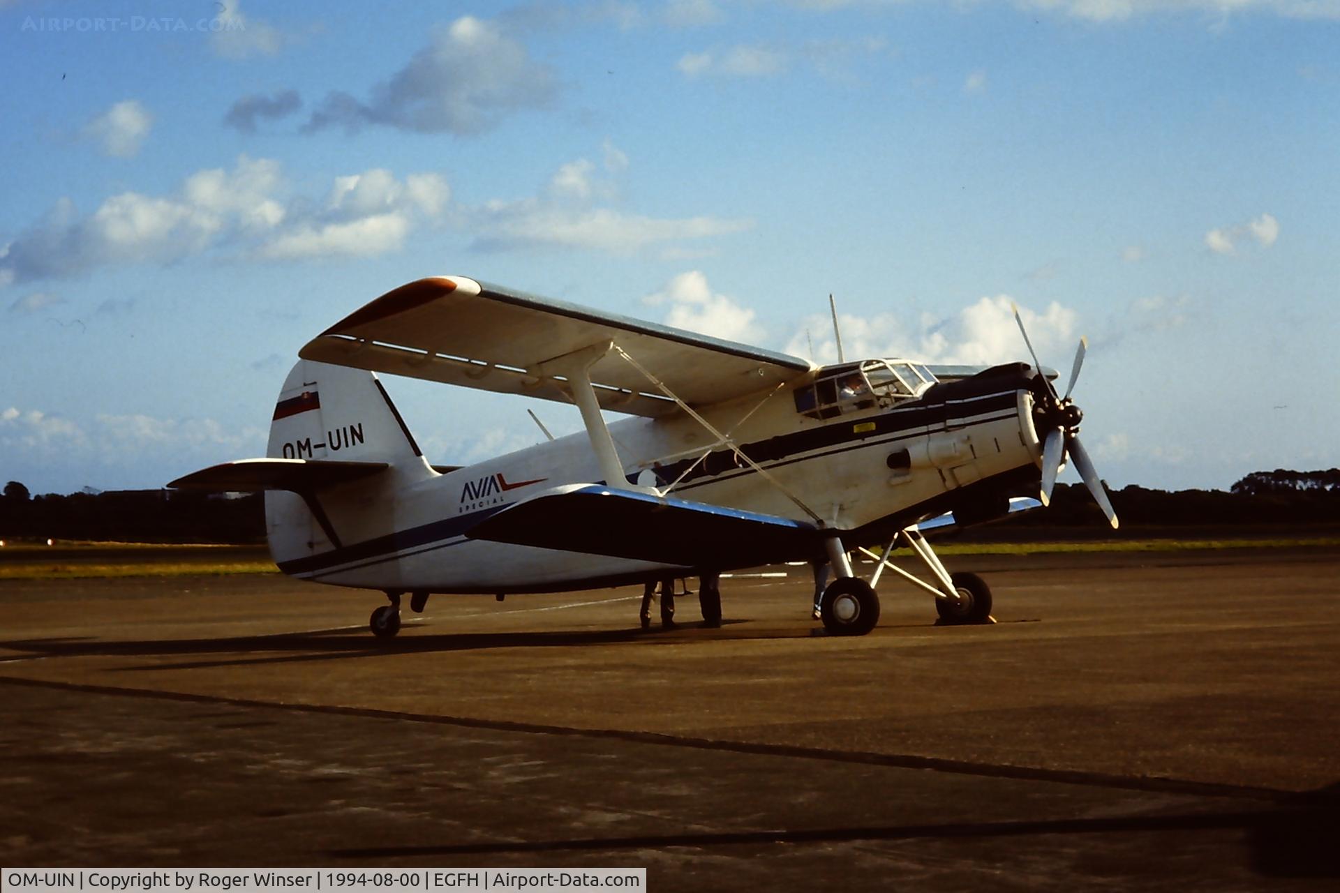 OM-UIN, 1985 Antonov An-2TP C/N 1G233-43, Avia Special's AN-2 Colt after a pleasure flight around the Gower Peninsula in August 1994.