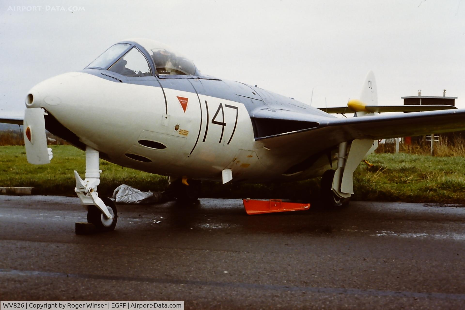 WV826, 1954 Hawker Sea Hawk FGA.6 C/N 6071, Part of the Wales Air Museum collection at Cardiff Airport in early 1980's. Coded 147/CU. Moved to Malta Aviation Museum, Ta Qali, Malta in August 1999. 