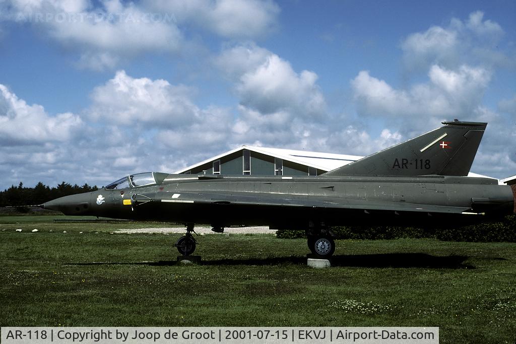 AR-118, 1971 Saab RF-35 Draken C/N 35-1118, gate guard at the Stauning Veteranflysamling.