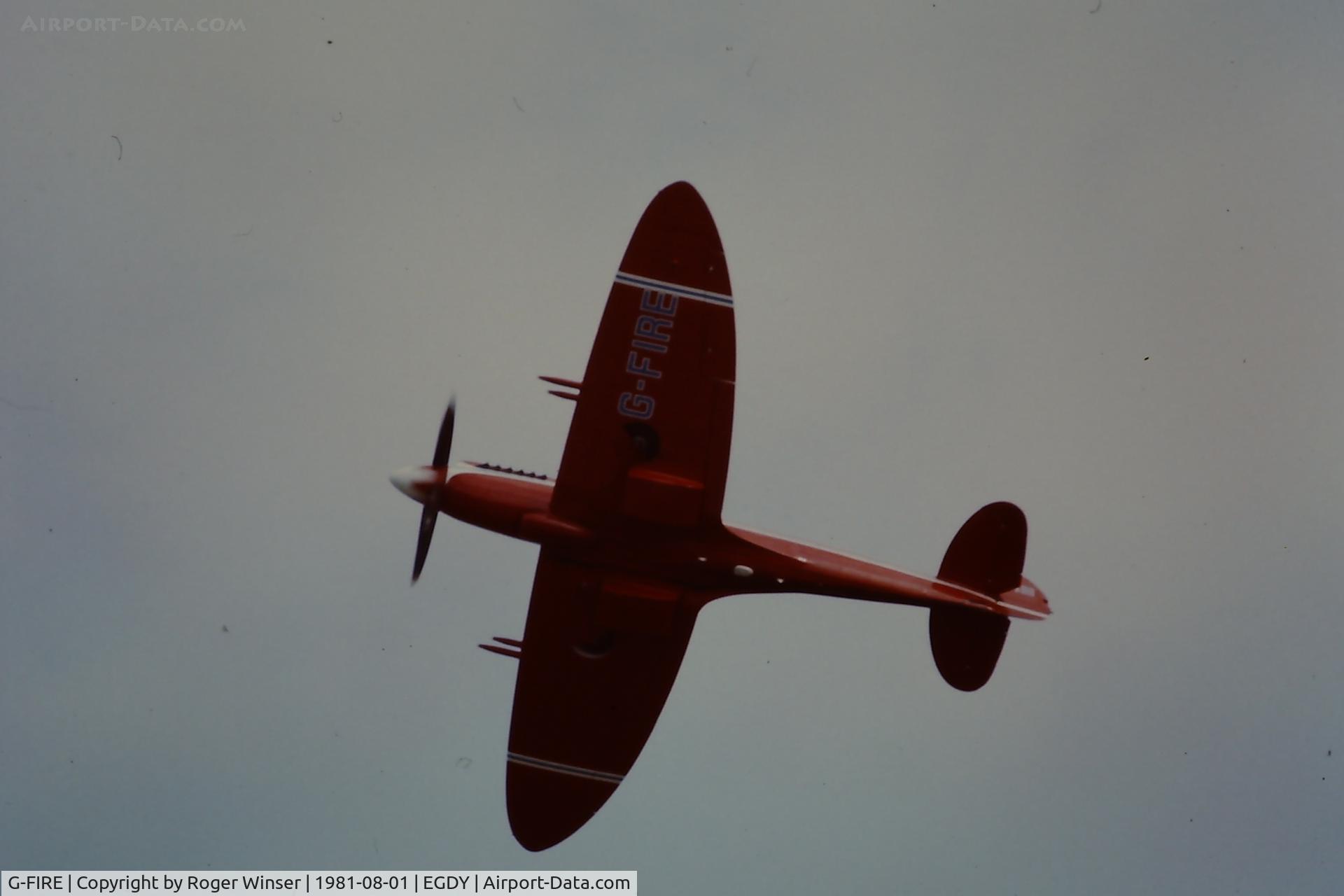 G-FIRE, 1945 Supermarine 379 Spitfire FR.XIVc C/N 6S/648206, Displaying at the RNAS Yeovilton Naval Air Day 1981. Previously NH904 in RAF service, SG108 in Belgian Air Force service. Subsequently registered N8118J and N1148P.