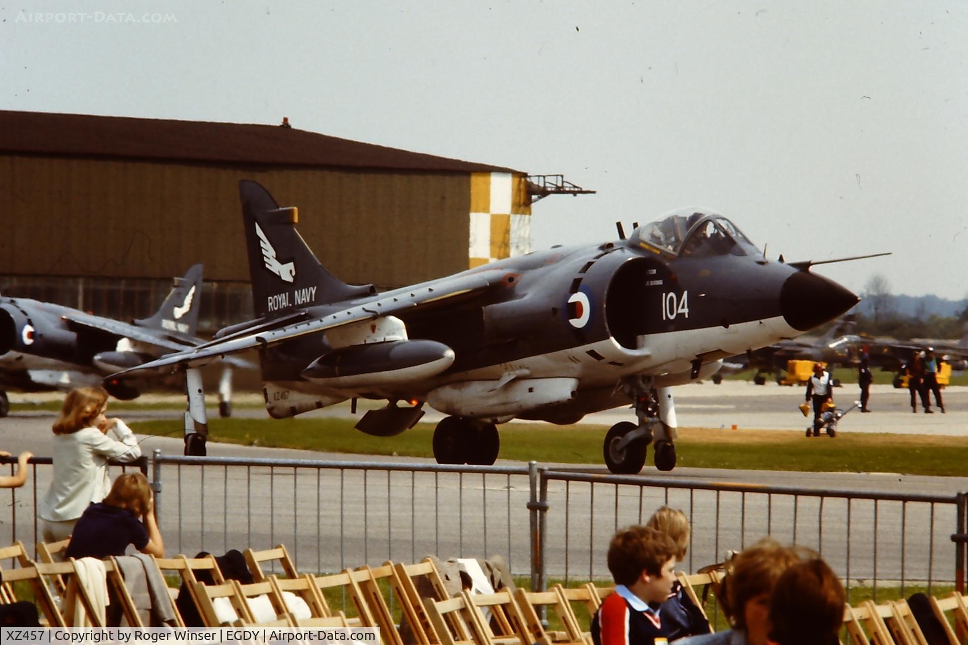 XZ457, 1979 British Aerospace Sea Harrier FRS.1 C/N 41H-912011, Coded 104 of 899 NAS. Seen at RNAS Yeovilton Naval Air Day circa 1980