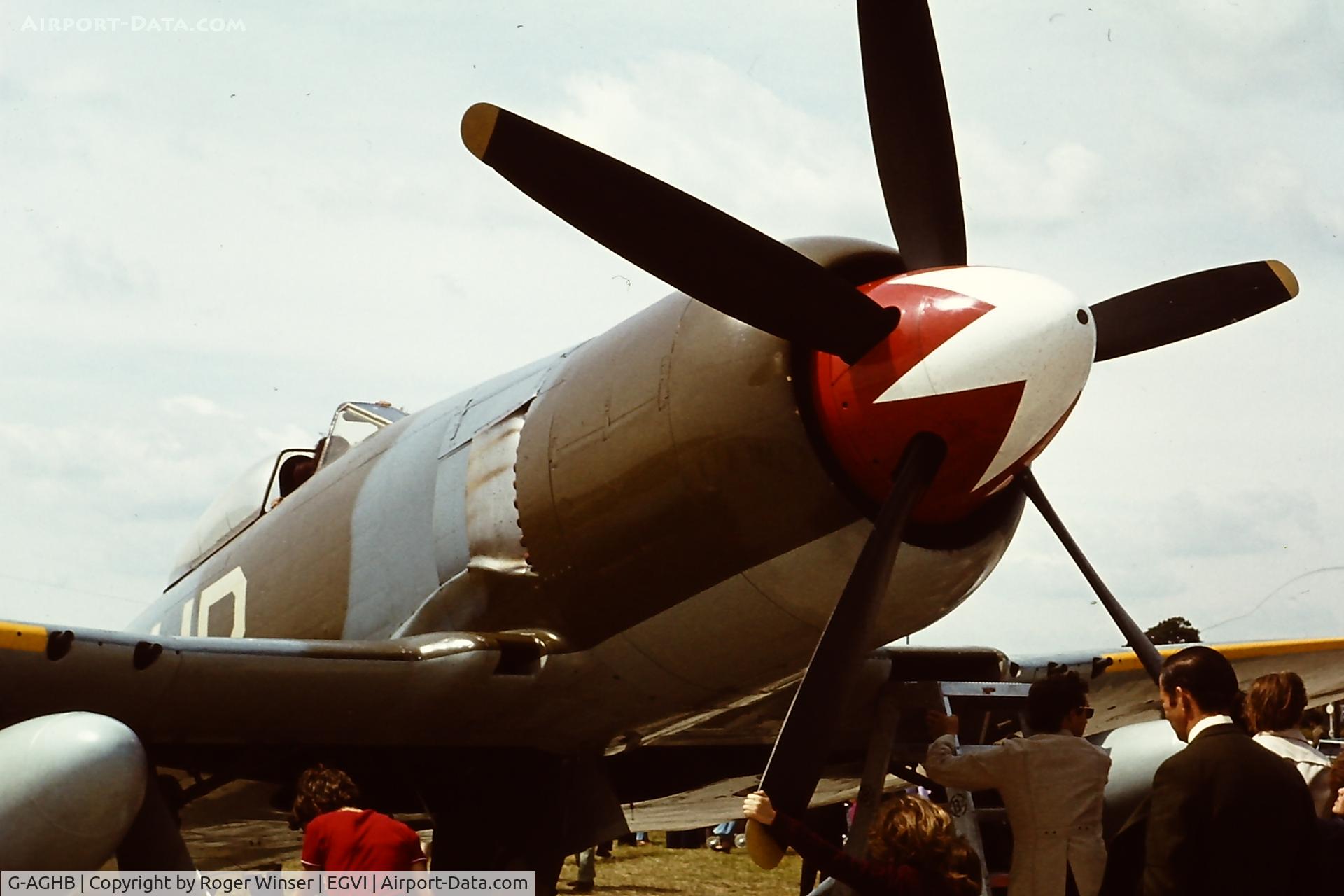 G-AGHB, 1952 Hawker Sea Fury FB. Mk 11 C/N 41H/636336, Was WH589 in RN service. Marked as HB-O. Seen at RAF Greenham Common in the 1970's