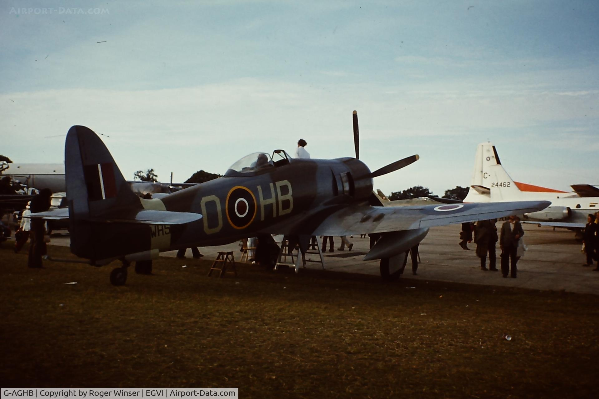 G-AGHB, 1952 Hawker Sea Fury FB. Mk 11 C/N 41H/636336, Was WH589 in RN service. Marked as HB-O. Seen at RAF Greenham Common in the 1970's