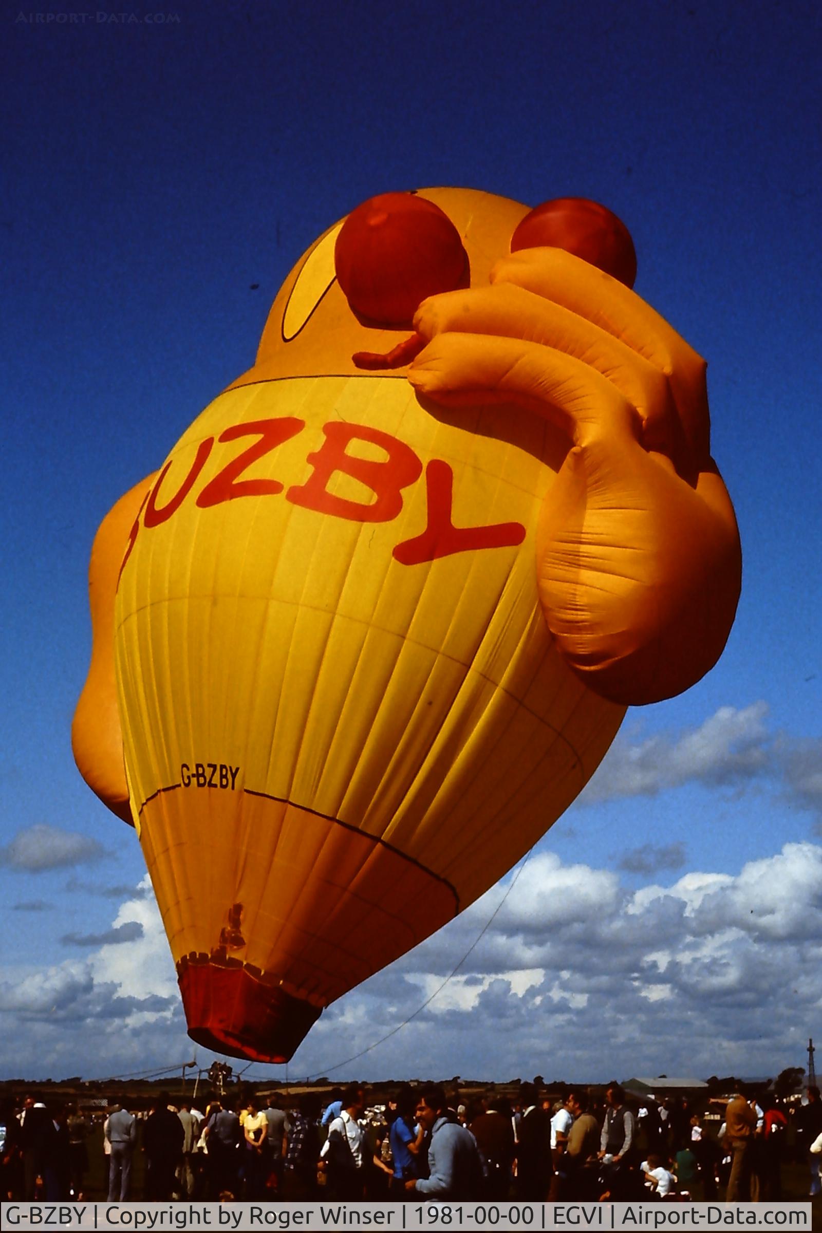 G-BZBY, 1979 Colt Balloons Ltd Colt 56 Buzby C/N 047, Seen at RAF Greenham Common at the IAT in 1981. Buzby hot air balloon owned by Post Office Telecommunications.