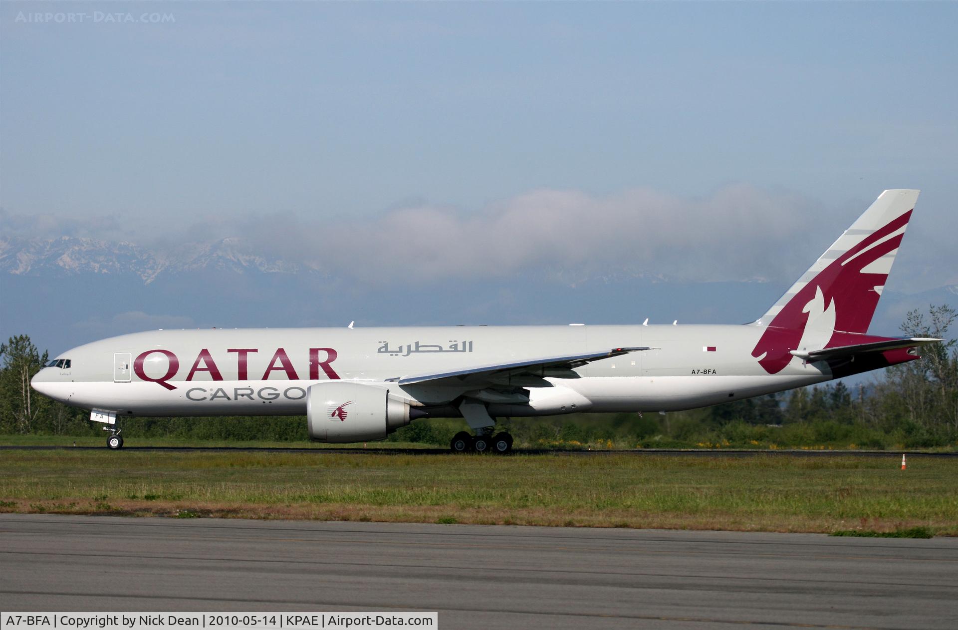 A7-BFA, 2010 Boeing 777-FDZ C/N 36098, KPAE Boeing 111 taxying for 34L departure for a KPAE-KPAE 55 minute flight (1st 777-200F for Qatar)