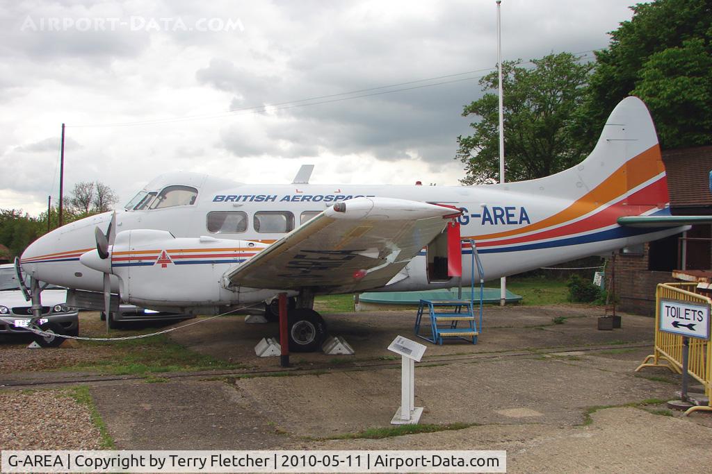 G-AREA, 1961 De Havilland DH-104 Dove 8 C/N 04520, exhibited at De Havilland Aircraft Heritage Centre at London Colney
