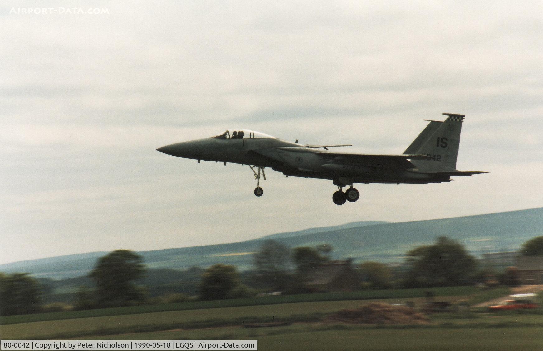 80-0042, McDonnell Douglas F-15C Eagle C/N 0707/C191, F-15C Eagle of the 57th Fighter Interceptor Squadron at Keflavik landing at RAF Lossiemouth in May 1990.