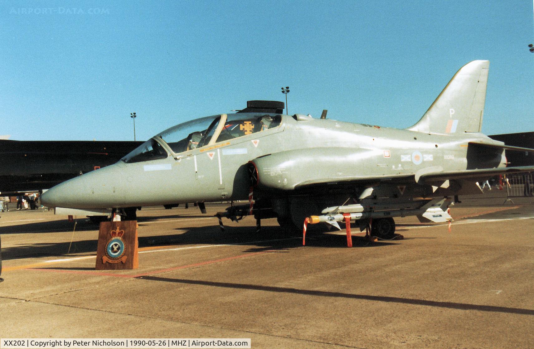 XX202, 1978 Hawker Siddeley Hawk T.1A C/N 049/312049, Hawk T.1A of 151 Squadron on display in the static park at the 1990 RAF Mildenhall Air Fete.